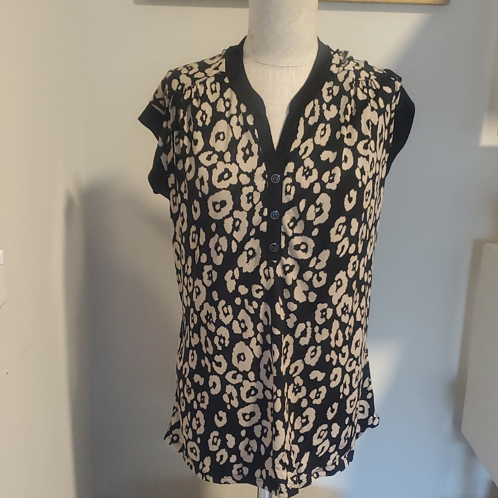 Black and Cream Leopard Print Cap Sleeve Blouse